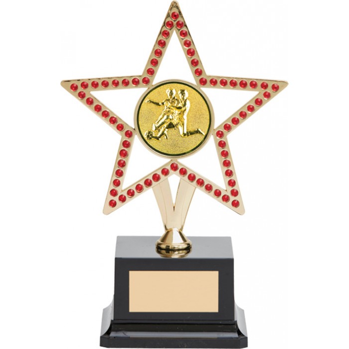  10'' GOLD METAL STAR FOOTBALL TROPHY WITH RED GEMSTONES 